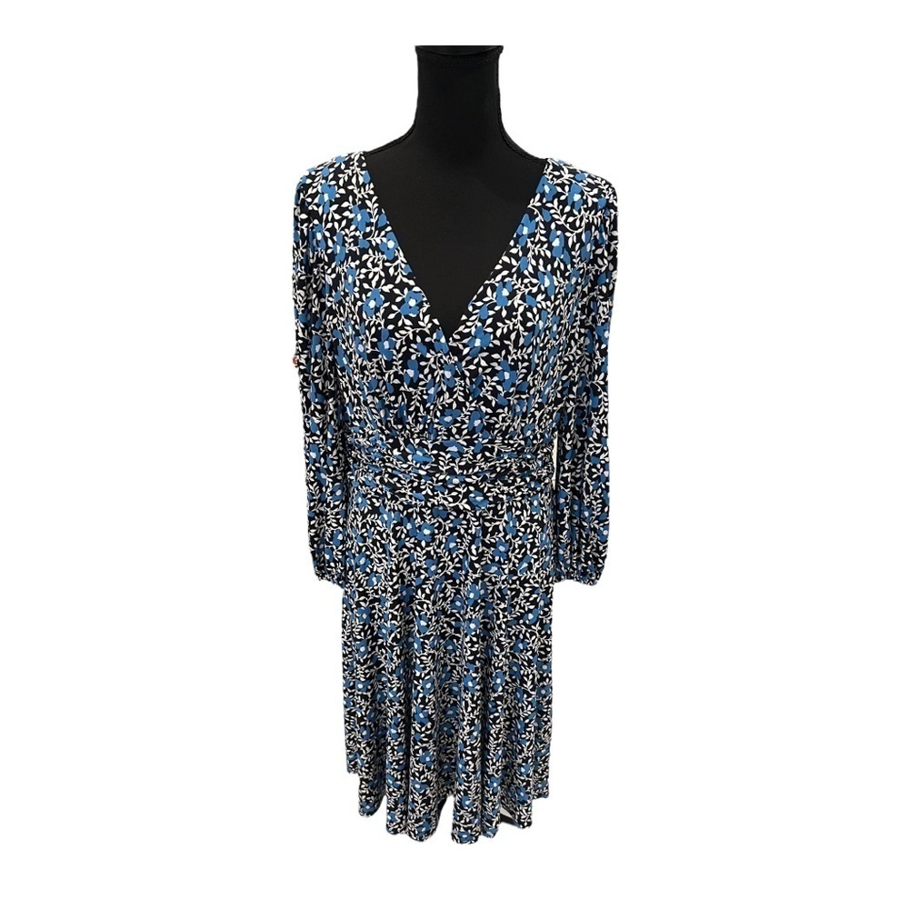 Eliza J Floral Dress Blue White Long Sleeve V Neck 12